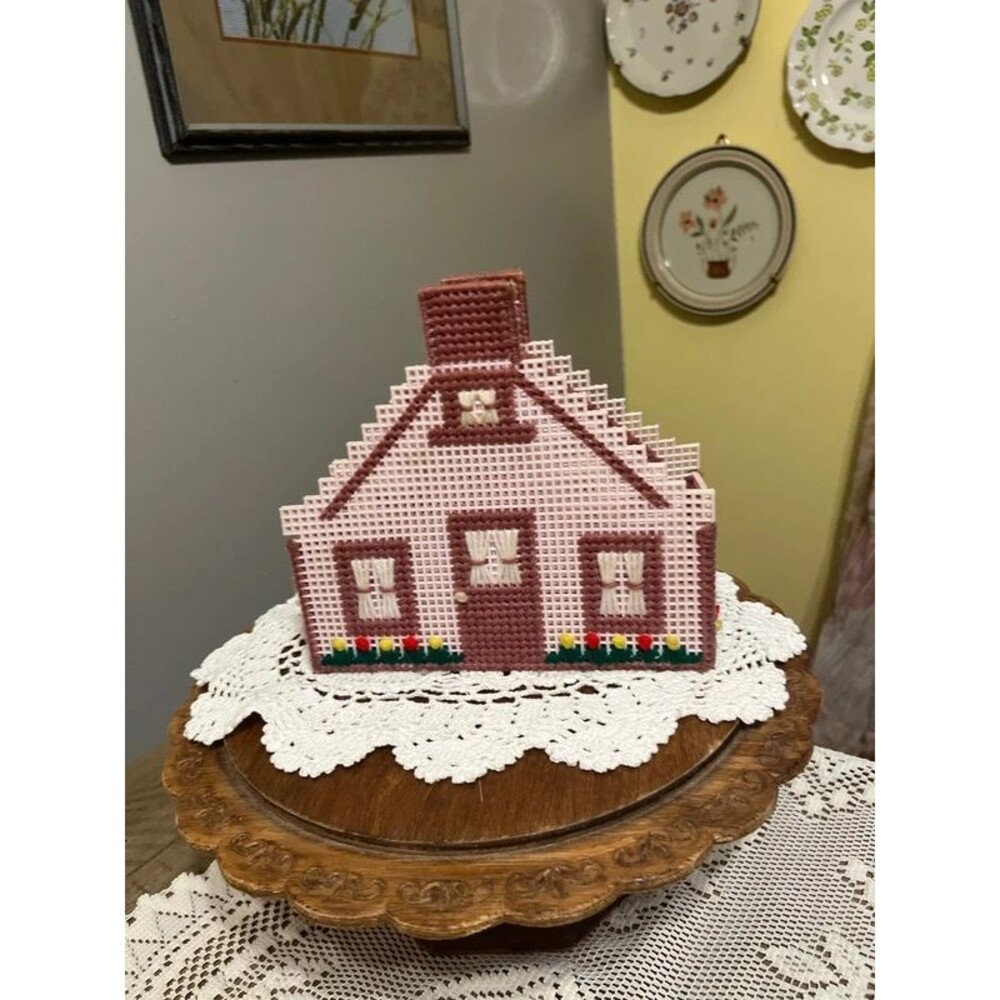 vintage Cottagecore plastic canvas house napkin and mail holder